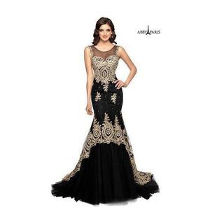 Abby Paris Tulle w/Embroidery  Formal Gown Dress Black & Gold Size 4